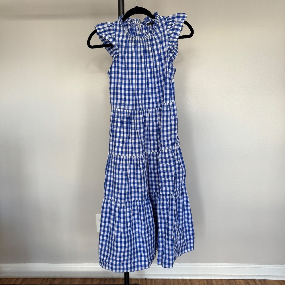 J. Crew Tiered Ruffle Sleeve Midi Dress Blue Gingham Size XXS Petite
